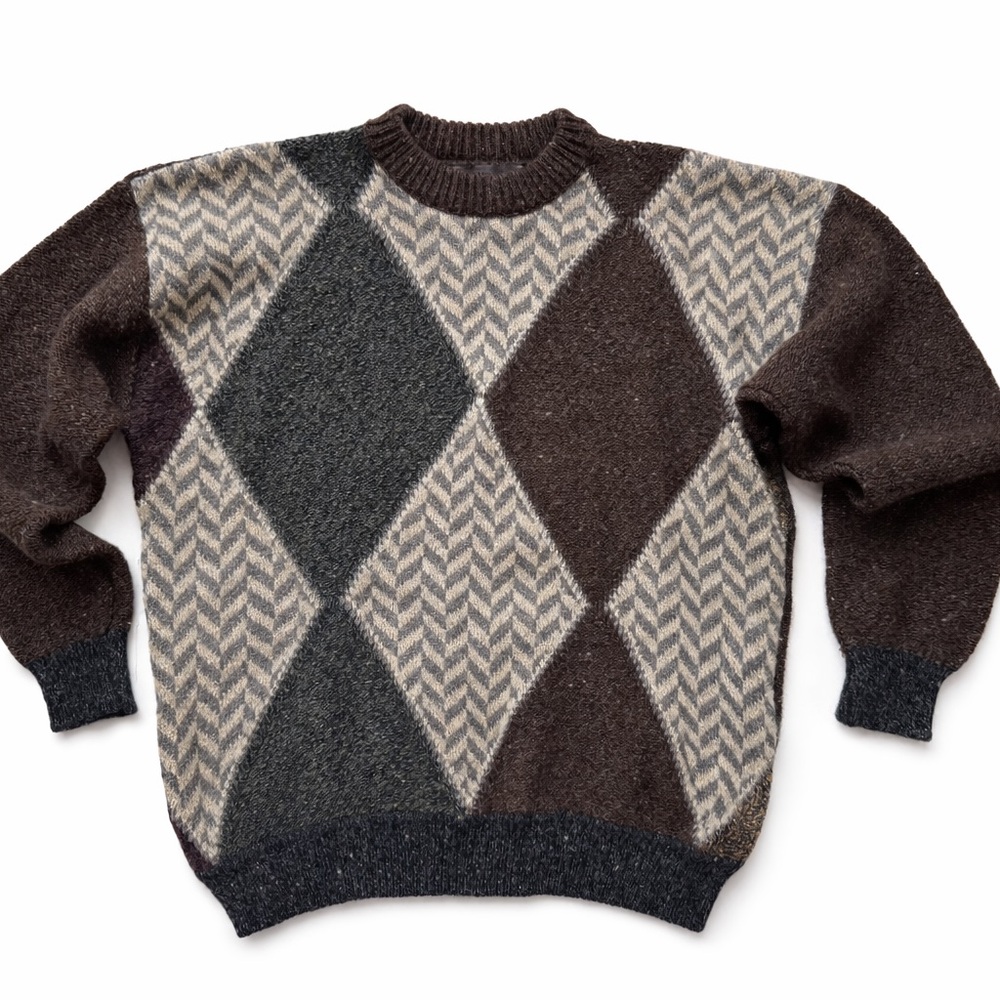 Vintage Argyle Wool Blend Sweater Men’s Medium Brown Tan Crewneck Knit